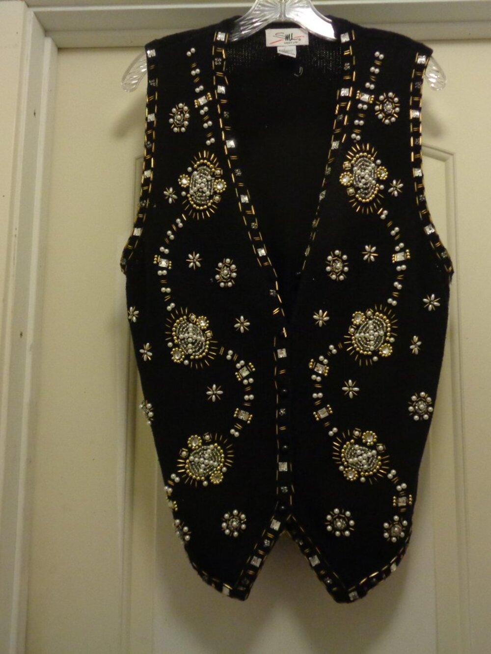 VINTAGE HEAVY BEADED BLACK COTTON RAMIE VEST W SOME WEAR 1997 L